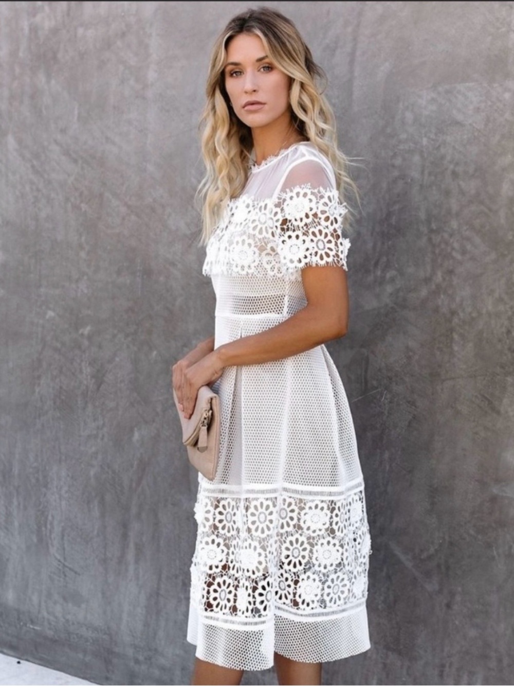 Endless Rose Mesh Lace Fit And Flare Dress White/Cream Sheer 3D Floral, XS